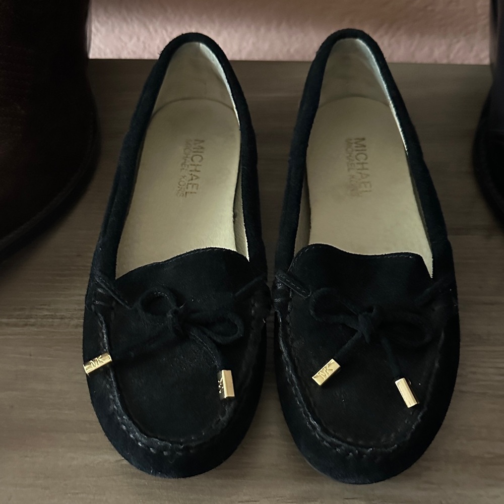 Michael Kors Dark Suede Loafers with Gold Accents